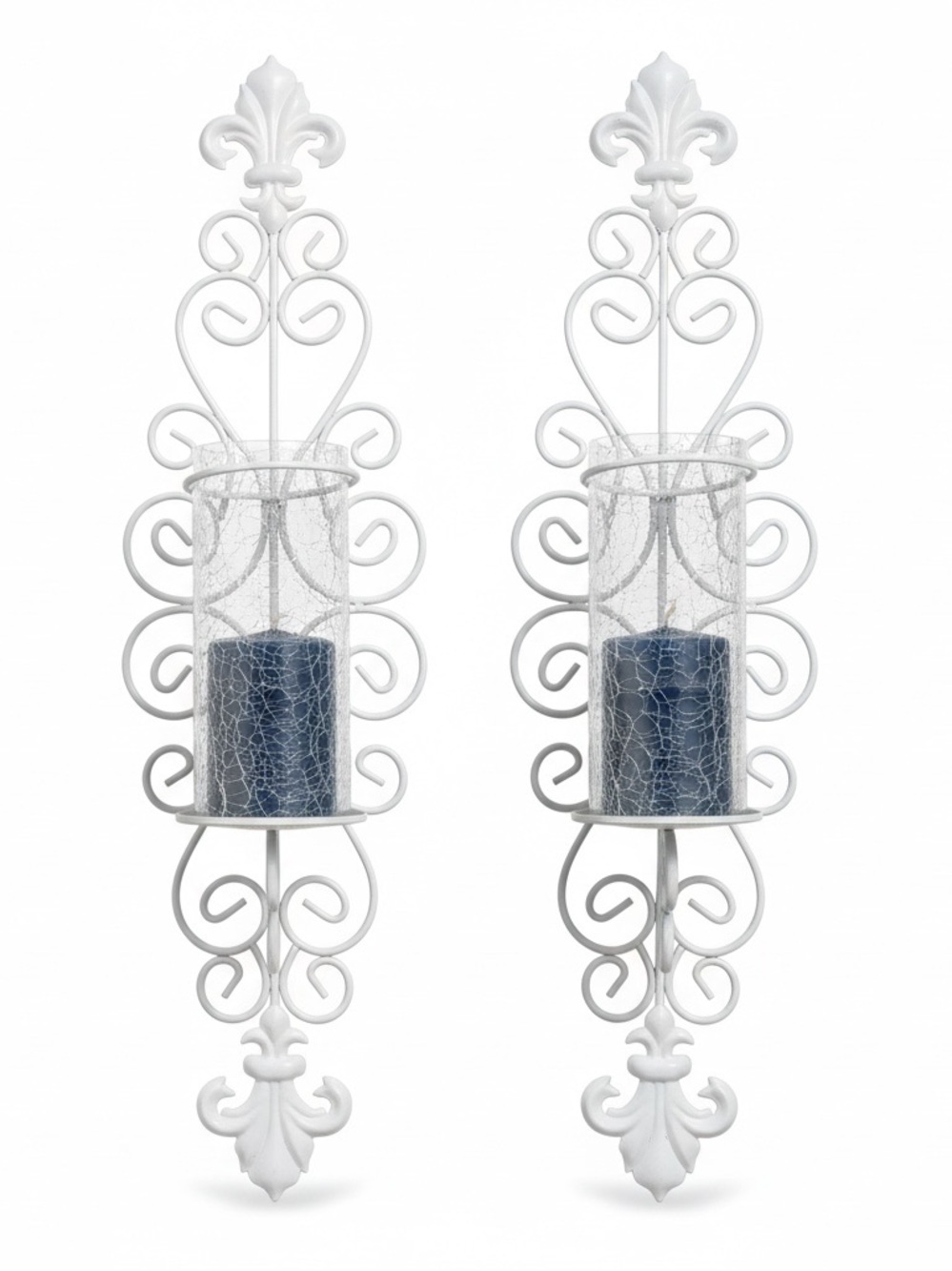 2 Wrought Iron Wall Sconces Candle Holding Wall Hanging Hurricane Shades Cottage
